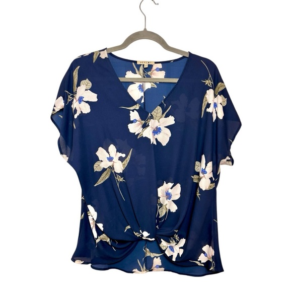 BEACON Navy Floral Twist Front Blouse Preppy Office Top Size Medium - Picture 4 of 10
